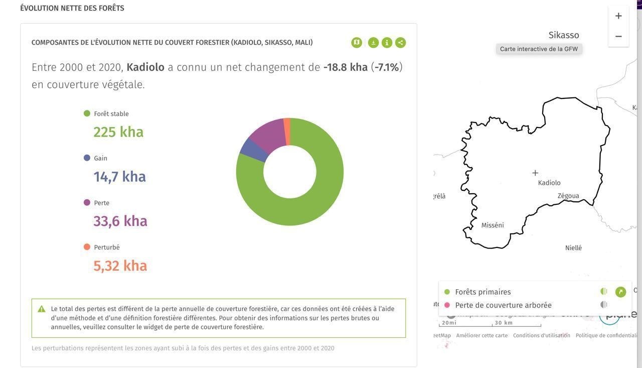 Evolution nette des forêts à Kadiolo vue par GFW